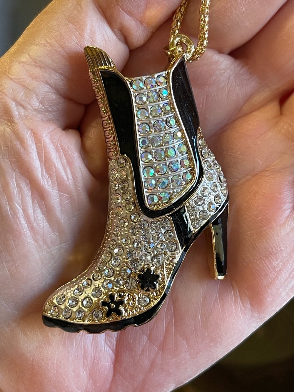 Crystal Embellished Black and Gold Western Boot Pendant Necklace. NWOT